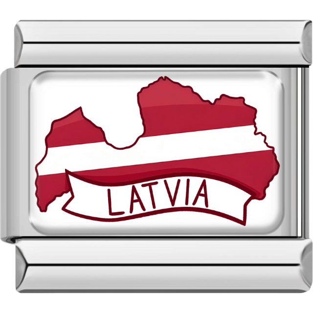 Silver-bordered Italian charm showing the map of Latvia in red with a bold white horizontal stripe, along with a banner reading “Latvia.”